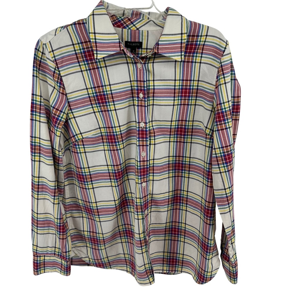 Talbots Womens Medium Plaid Button Down Shirt Multi Color Cotton Long Sleeve